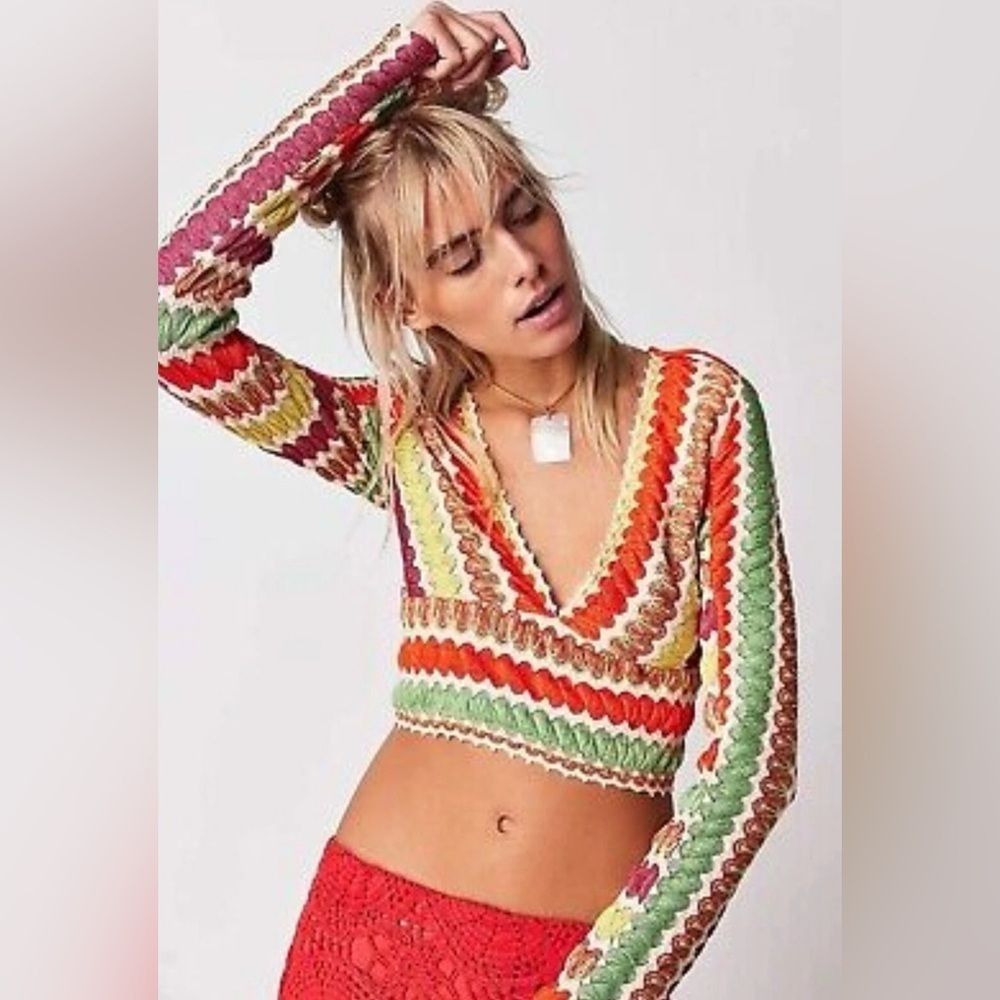 Free People Colorful Crochet V-Neck Long Sleeve Large